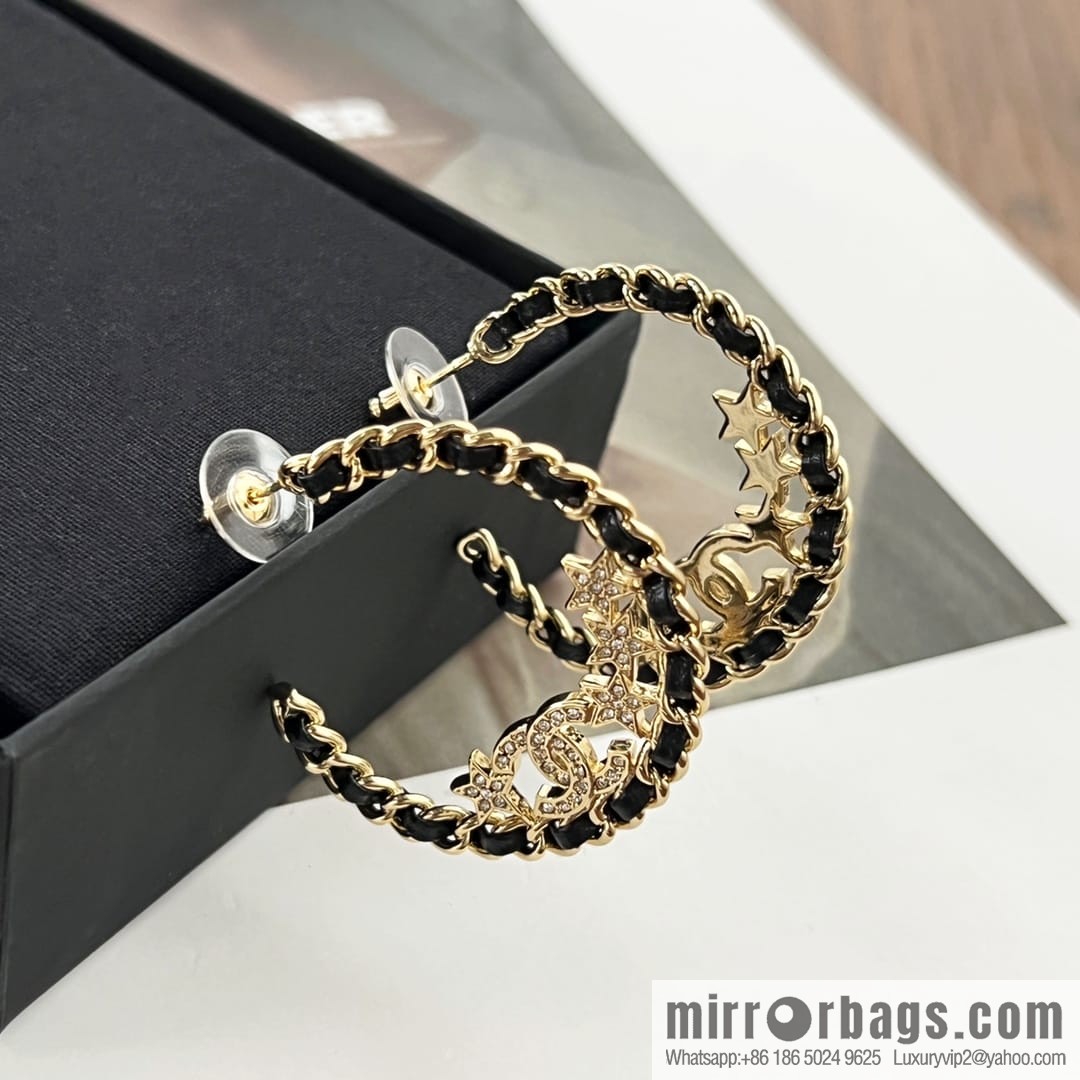 New ☑️ CHANEL Chanel semi-round double c black leather rope star stud earrings