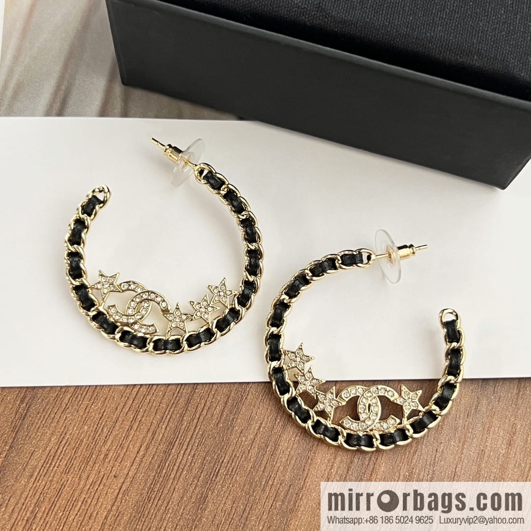 New ☑️ CHANEL Chanel semi-round double c black leather rope star stud earrings