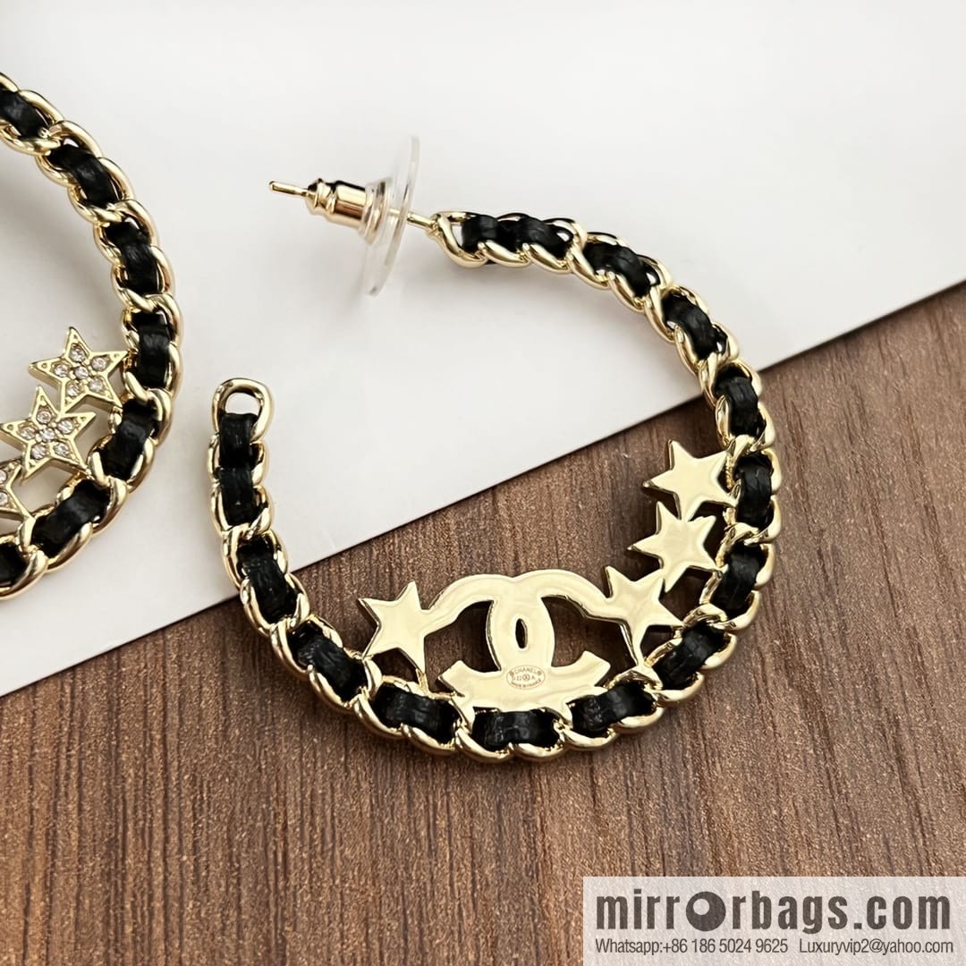 New ☑️ CHANEL Chanel semi-round double c black leather rope star stud earrings