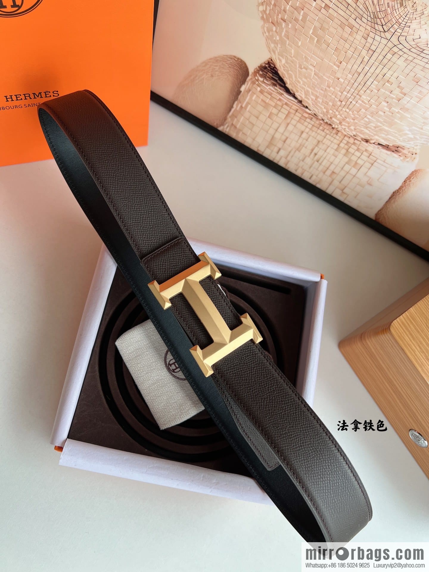 HERMES Hermès with thin H rhombus metal buckle men's 3.8cm waist belt