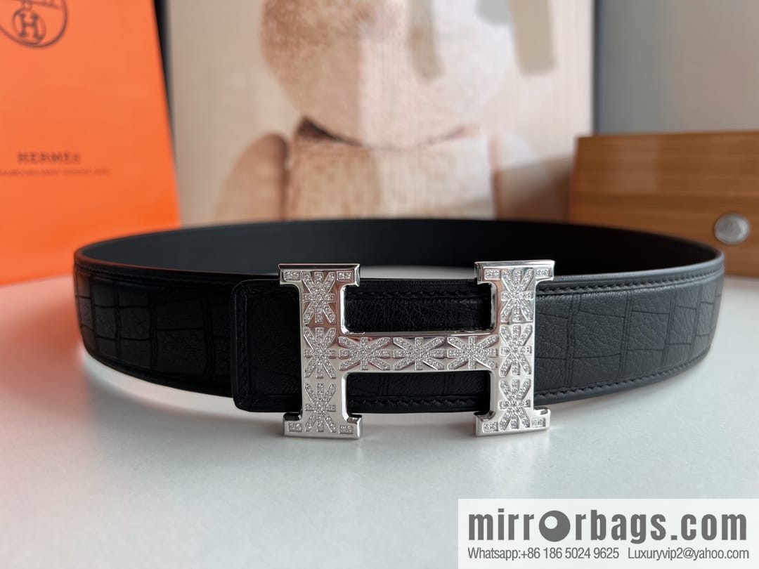 Hermes Hermès Stainless Steel H with Diamond Buckle Men's 3.8cm waist belt