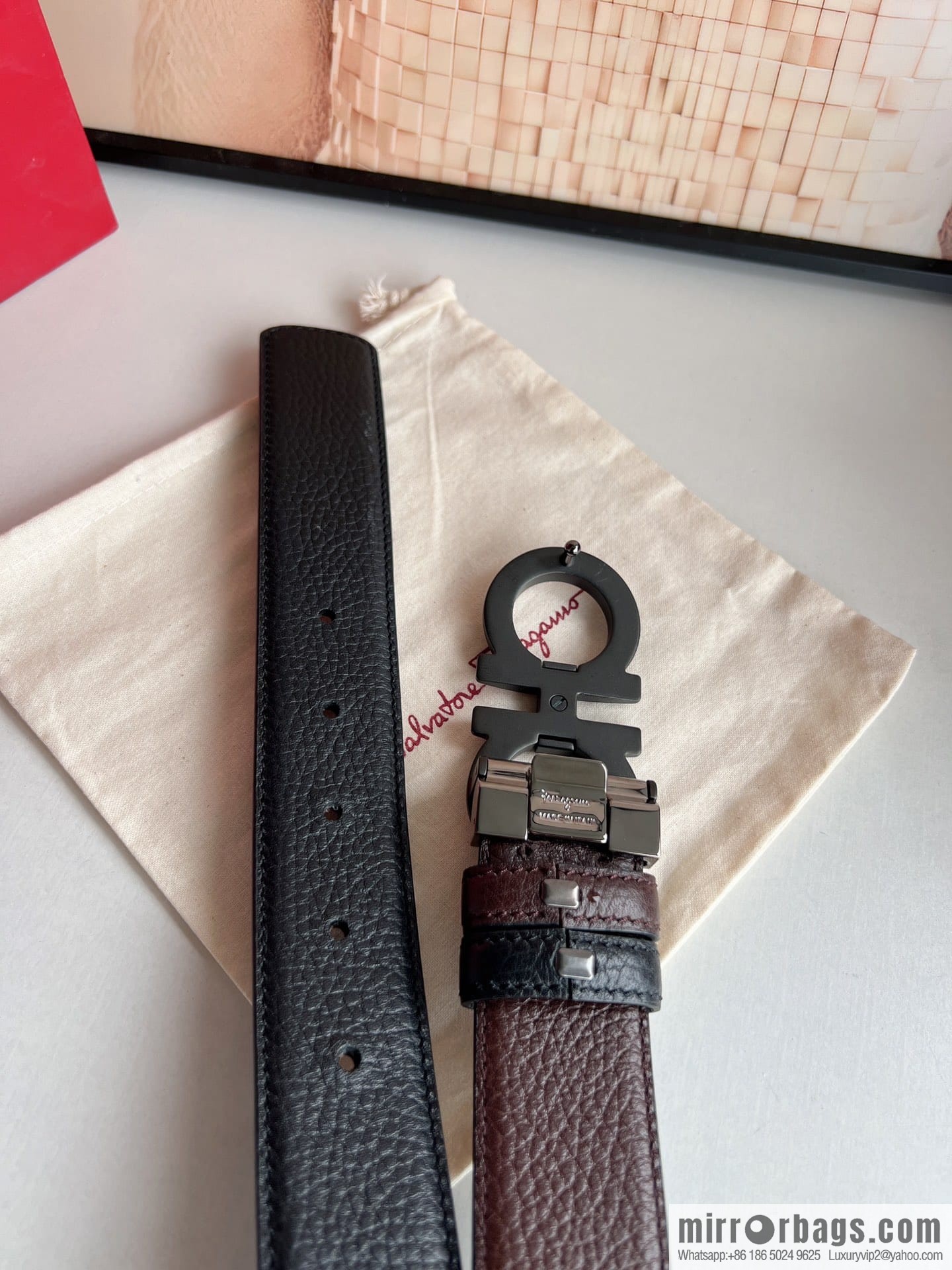 Ferragamo, exquisite figure 8 metal clasp men's 3.5cm waist belt