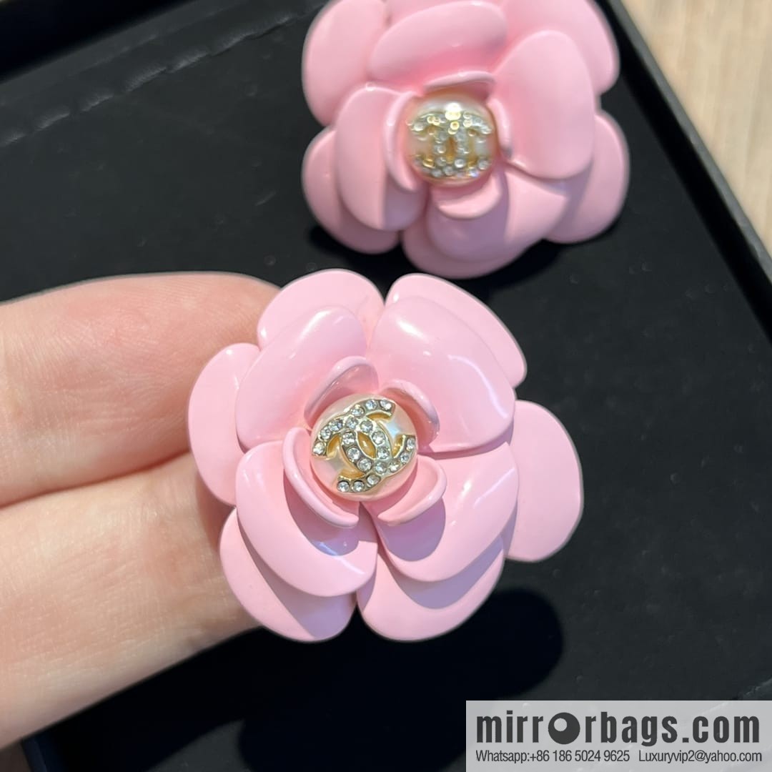 New ☑️ CHANEL Chanel c1 double c pink camellia stud earrings