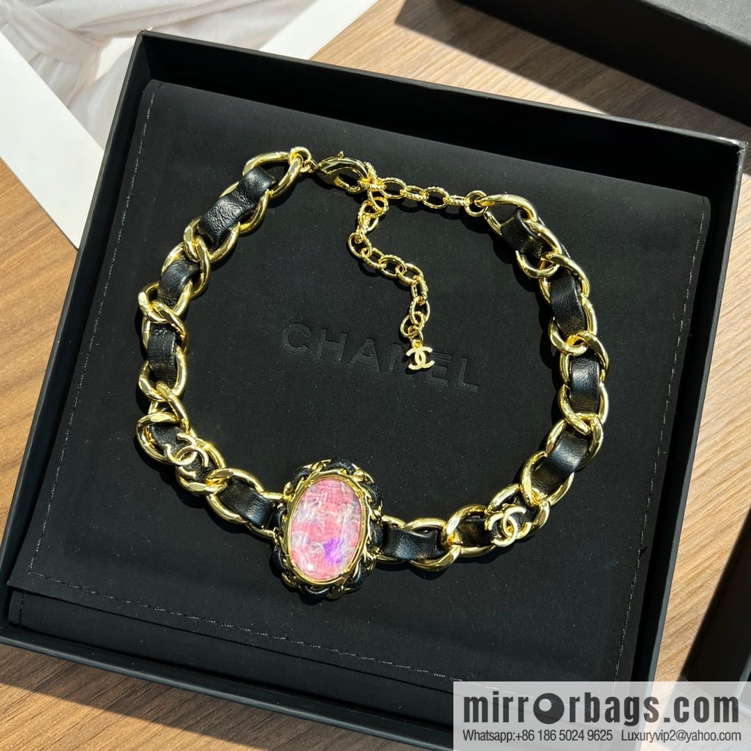 New ☑️ CHANEL Chanel pink gemstone black leather rope necklace necklace