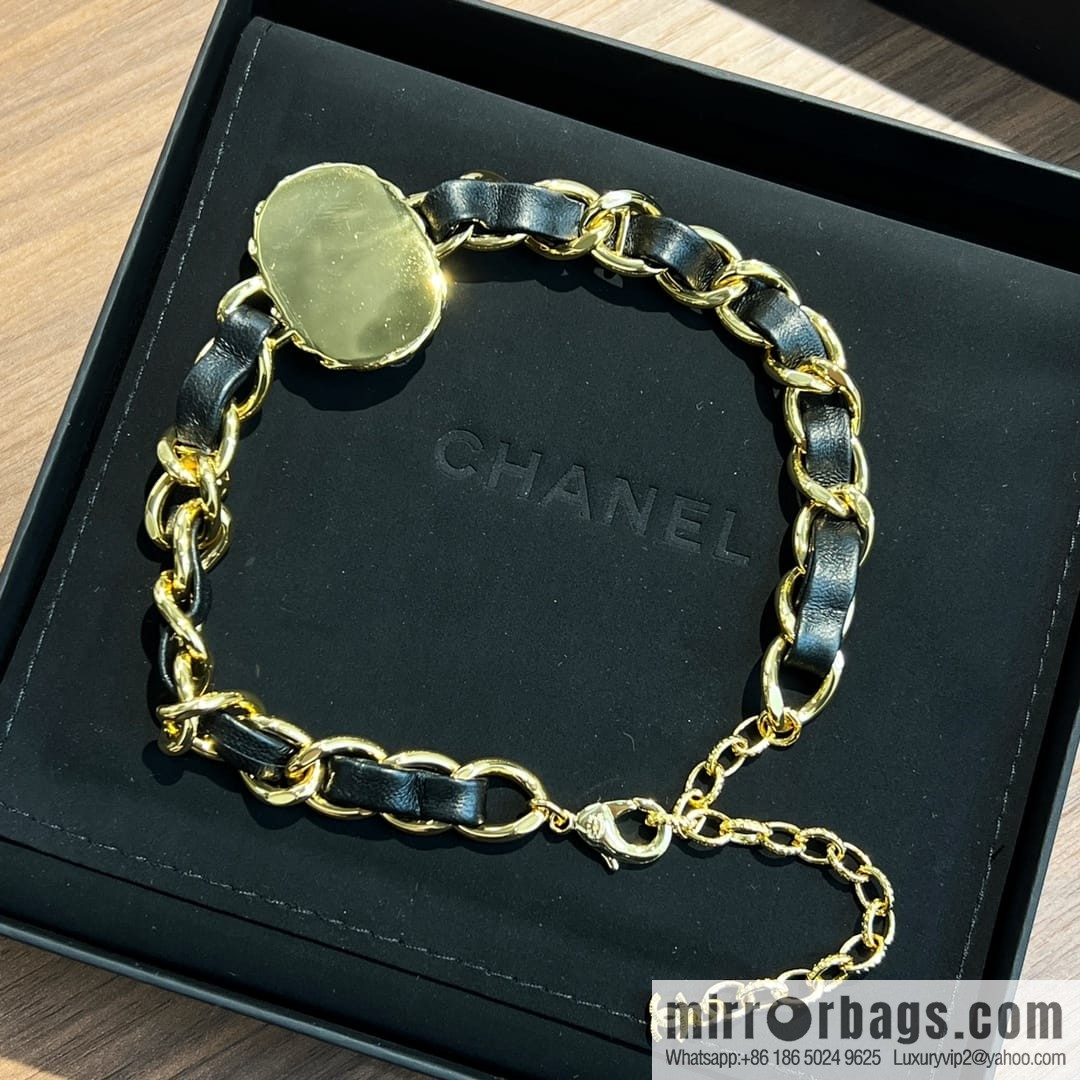 New ☑️ CHANEL Chanel pink gemstone black leather rope necklace necklace