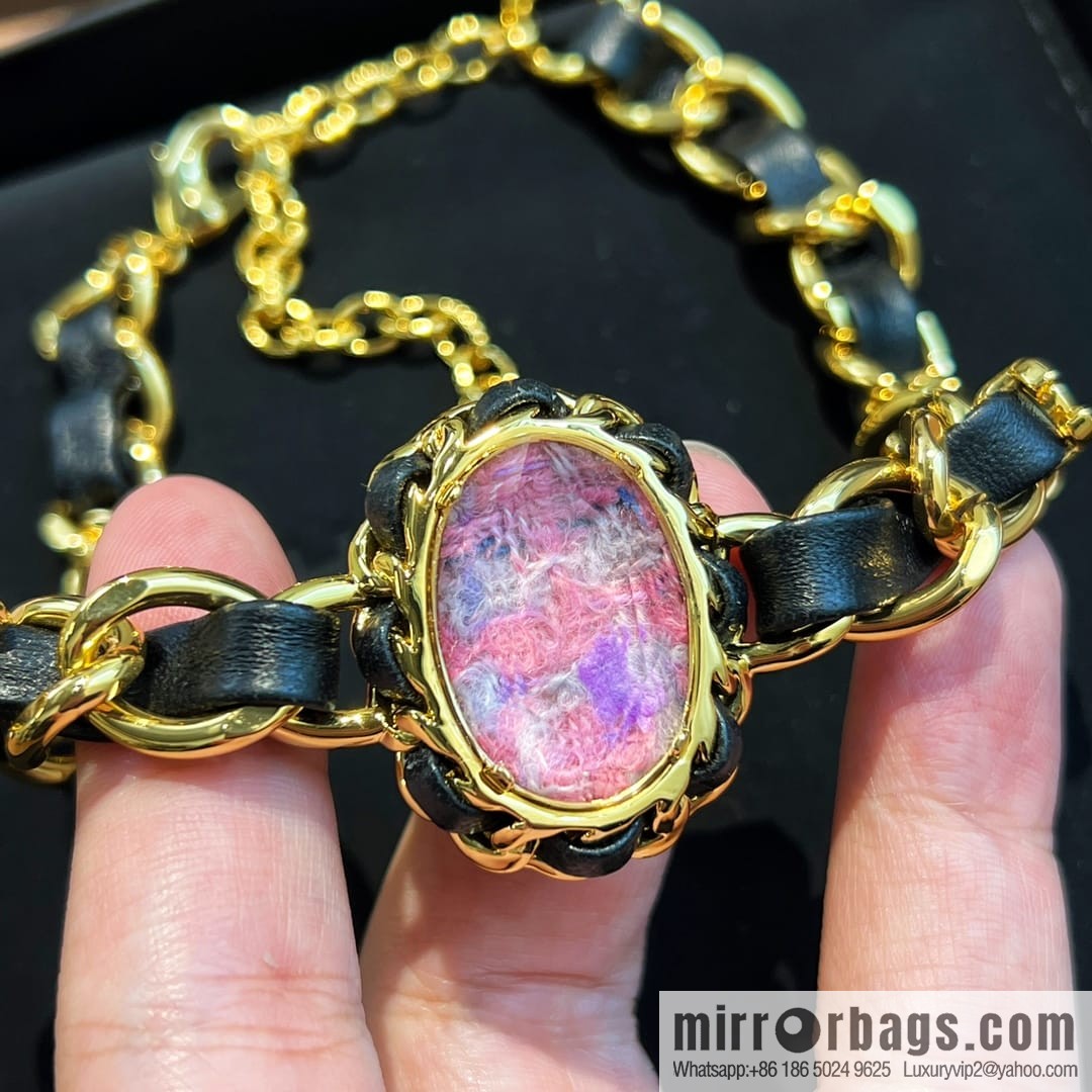 New ☑️ CHANEL Chanel pink gemstone black leather rope necklace necklace