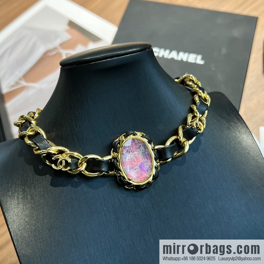 New ☑️ CHANEL Chanel pink gemstone black leather rope necklace necklace