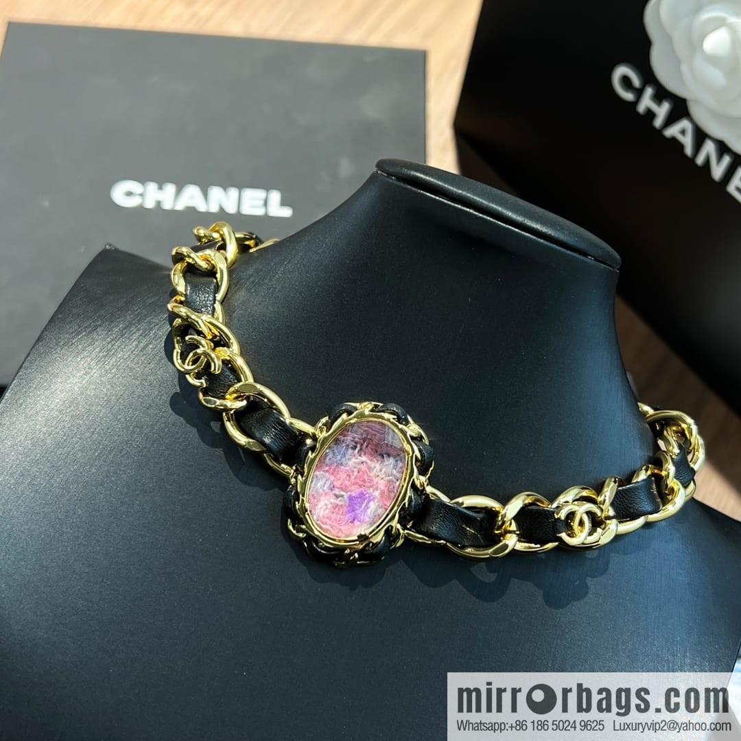 New ☑️ CHANEL Chanel pink gemstone black leather rope necklace necklace
