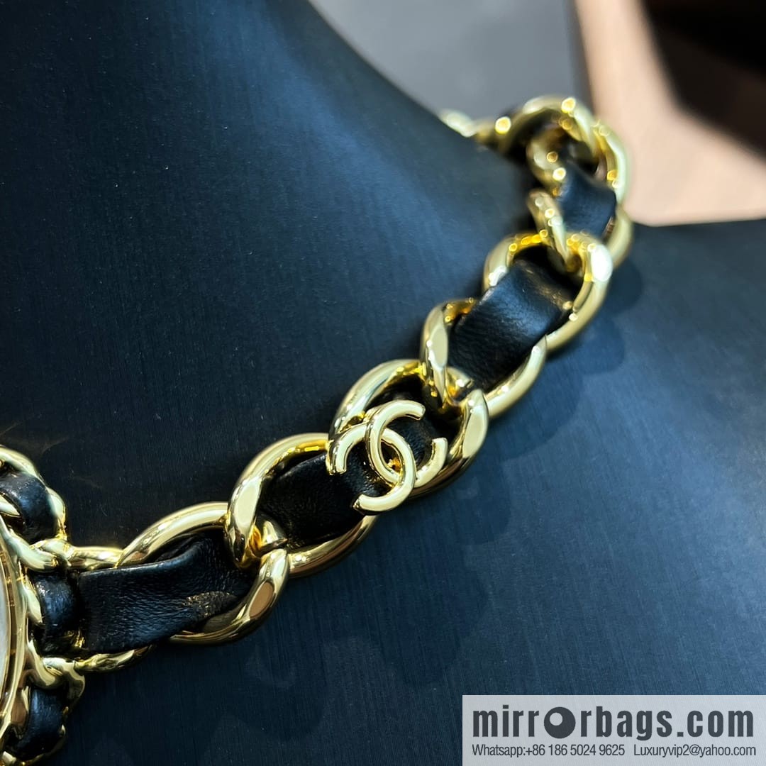New ☑️ CHANEL Chanel pink gemstone black leather rope necklace necklace