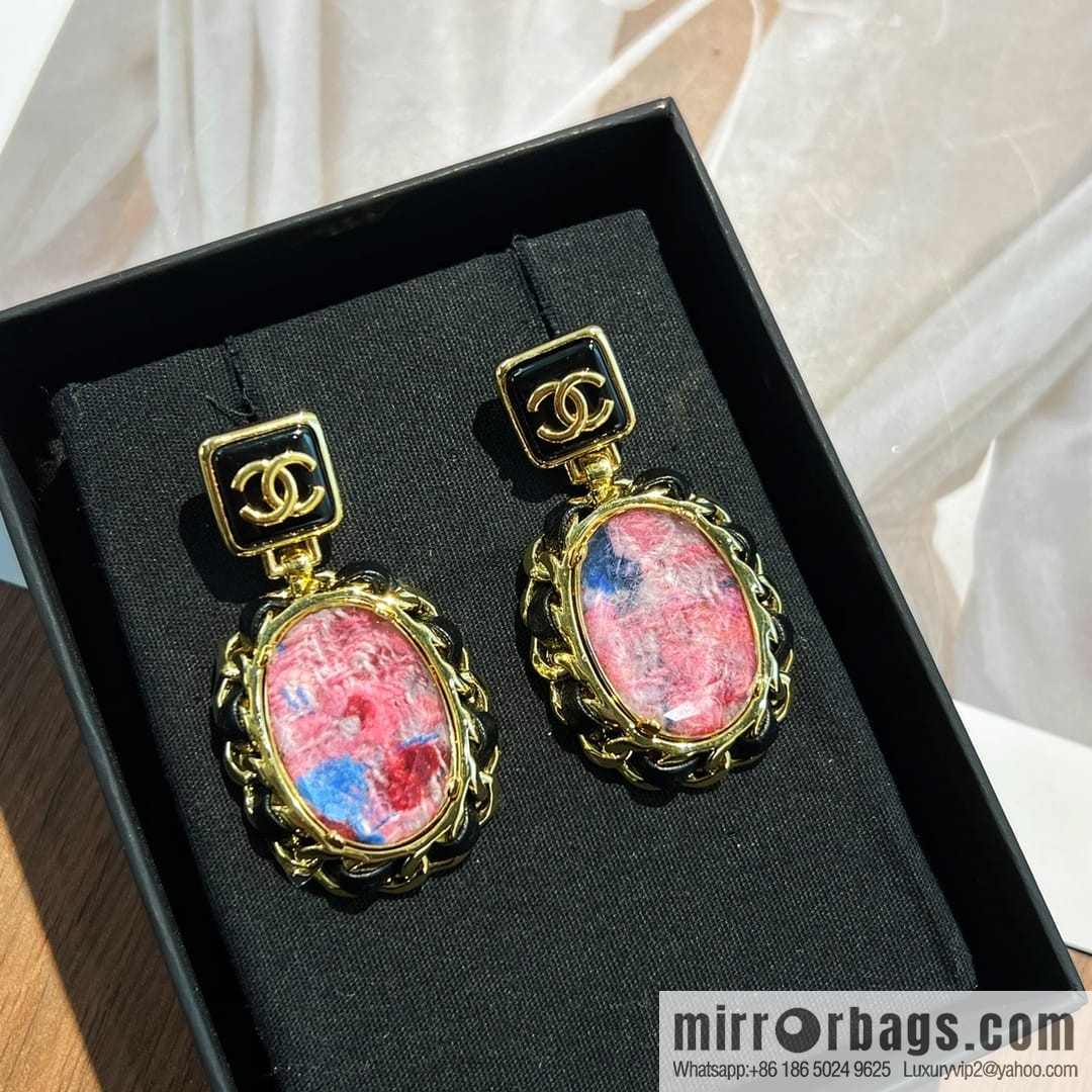 New ☑️ CHANEL Chanel pink gemstone black leather rope stud earrings