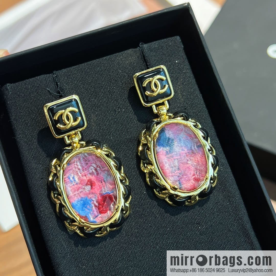 New ☑️ CHANEL Chanel pink gemstone black leather rope stud earrings