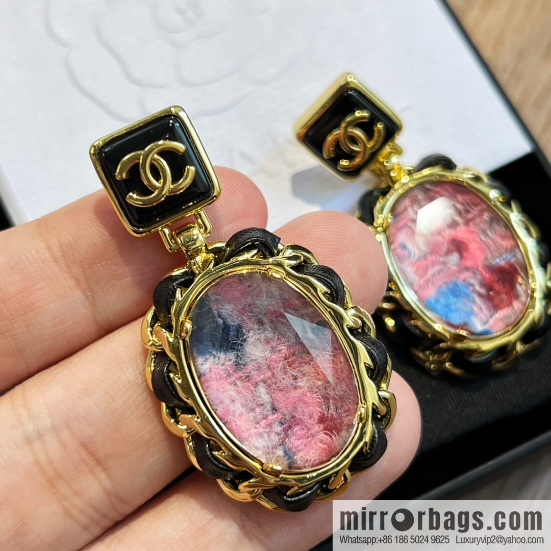 New ☑️ CHANEL Chanel pink gemstone black leather rope stud earrings