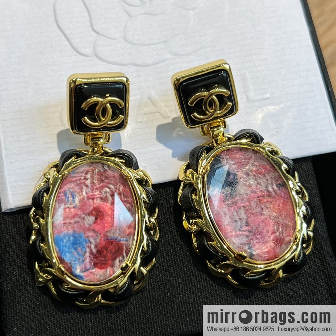 New ☑️ CHANEL Chanel pink gemstone black leather rope stud earrings