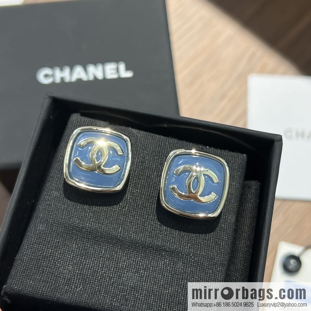 New ☑️ CHANEL Chanel c1 double c blue square stud earrings