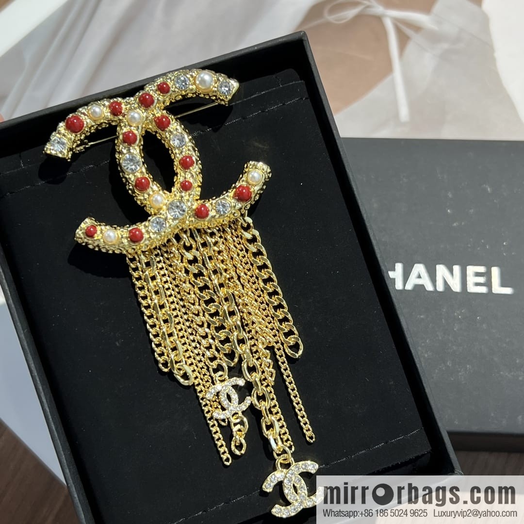 New ☑️ CHANEL Chanel double c red pearl fringed brooch