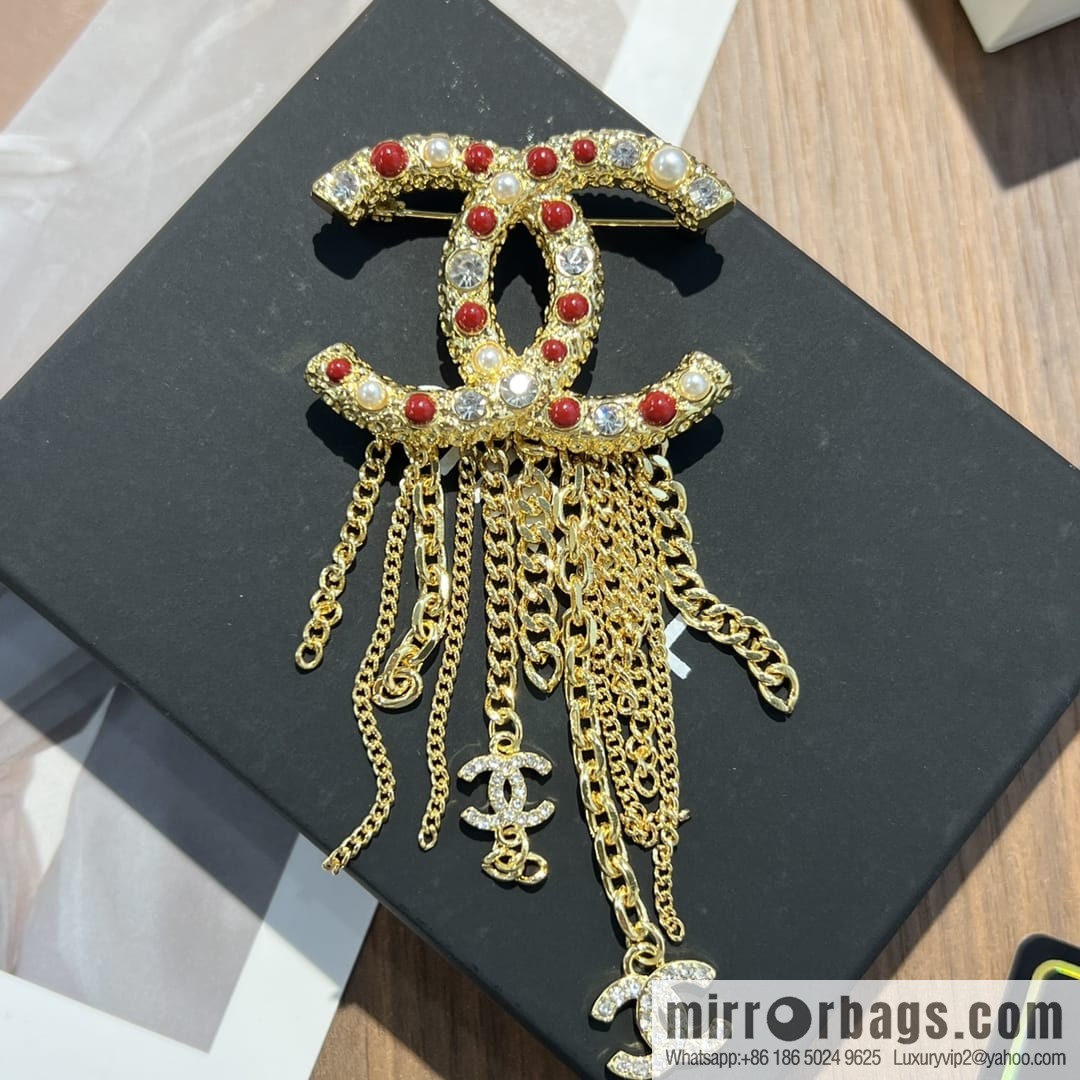 New ☑️ CHANEL Chanel double c red pearl fringed brooch