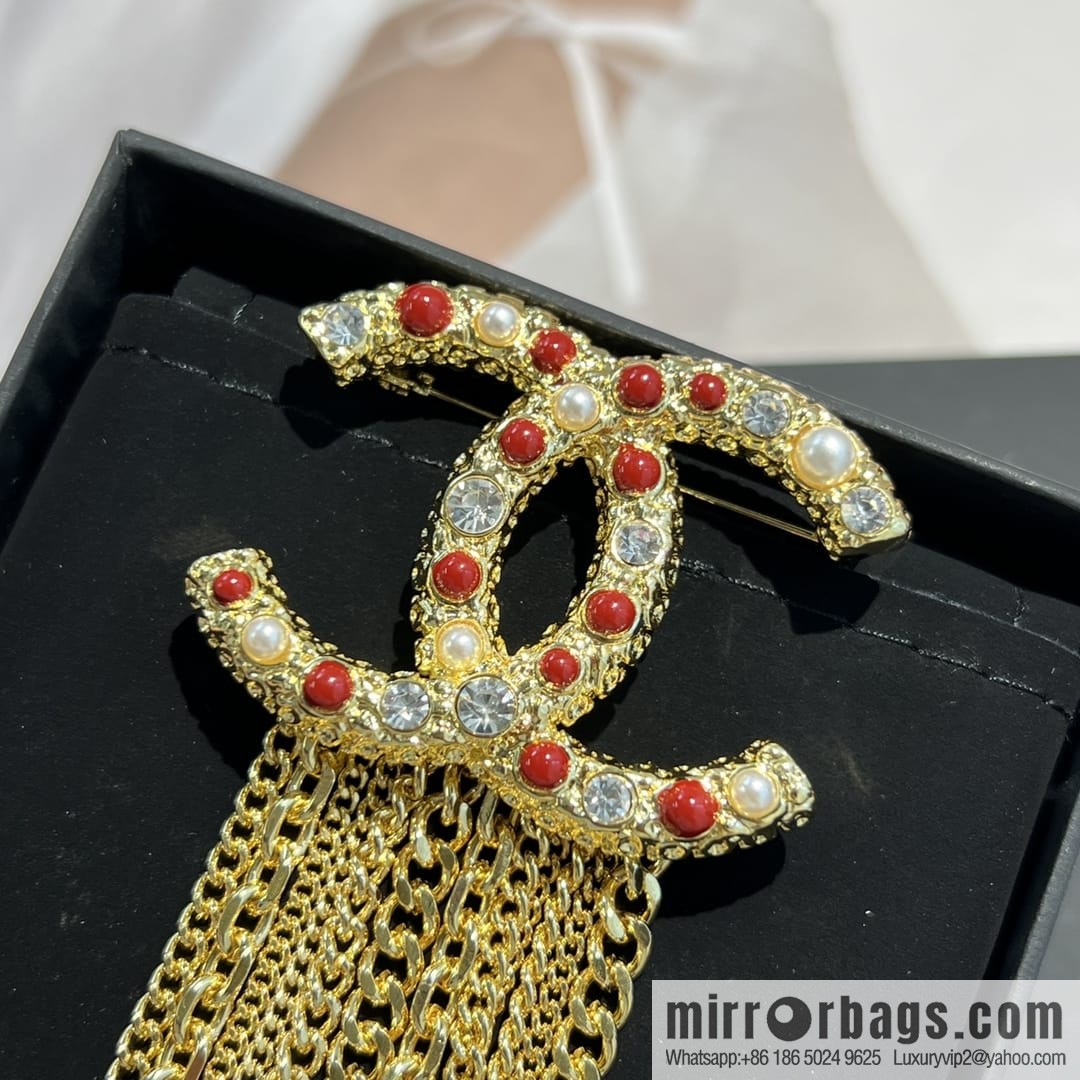 New ☑️ CHANEL Chanel double c red pearl fringed brooch