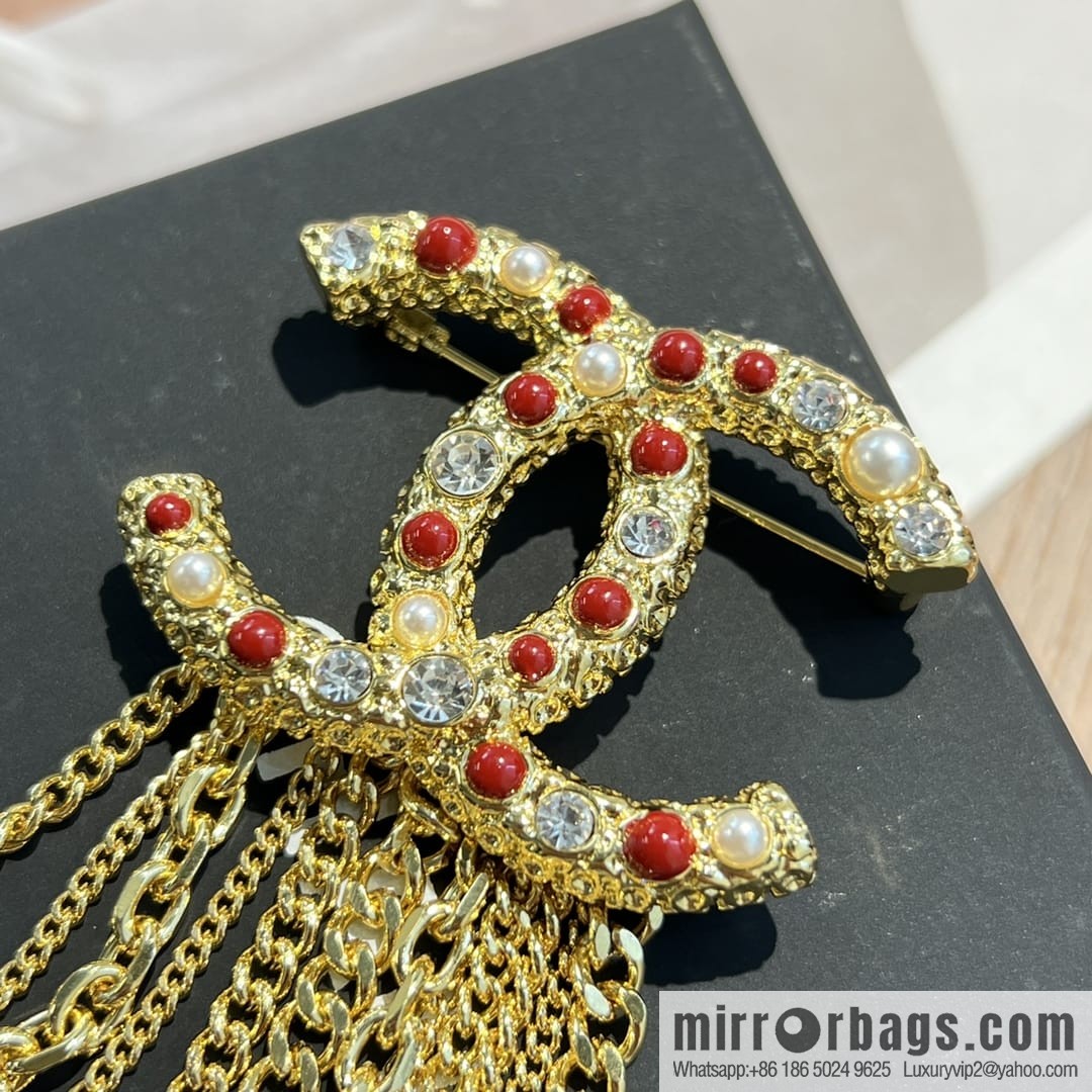 New ☑️ CHANEL Chanel double c red pearl fringed brooch