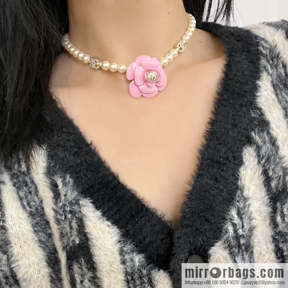 New ☑️ CHANEL Chanel Double C Pink Camellia Pearl Necklace