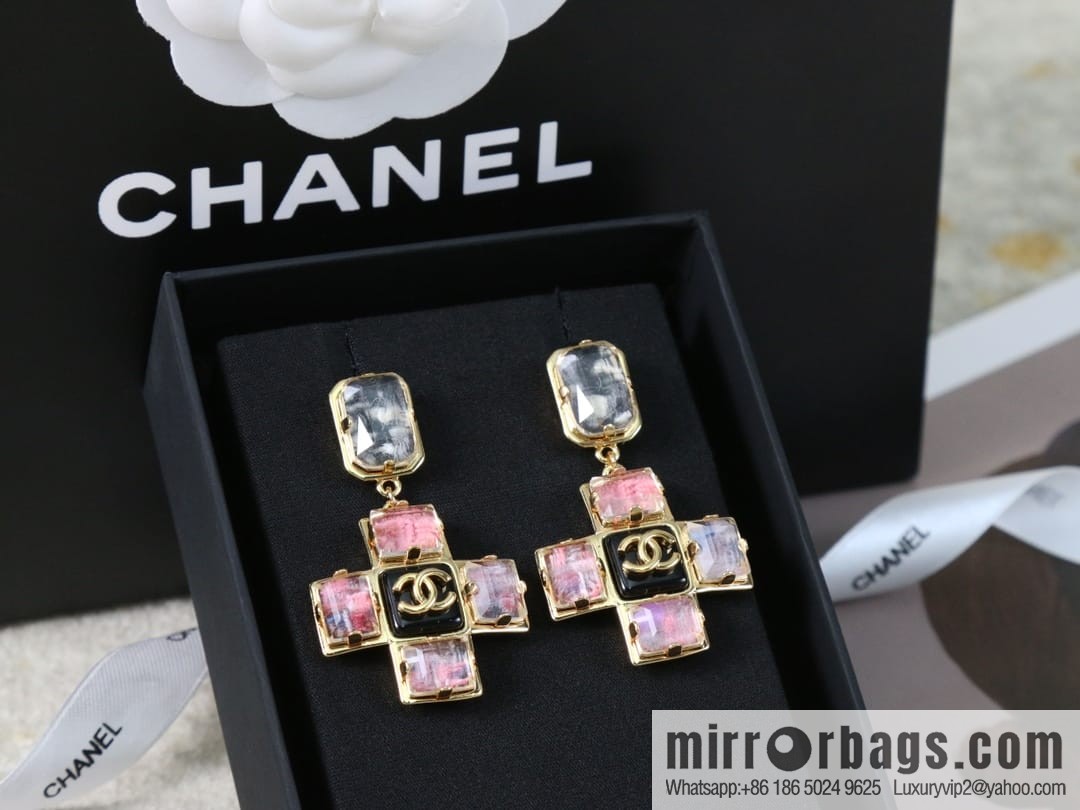 New ☑️ CHANEL Chanel c2 double c pink diamond cross earrings
