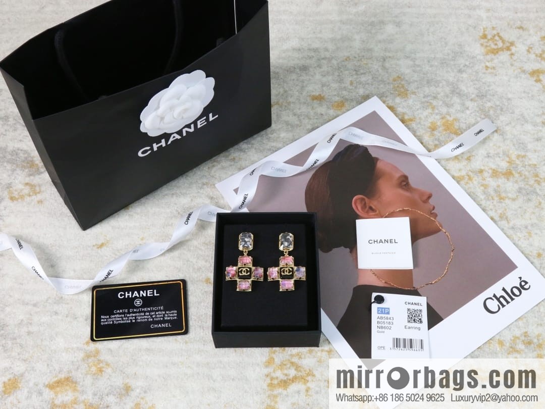 New ☑️ CHANEL Chanel c2 double c pink diamond cross earrings