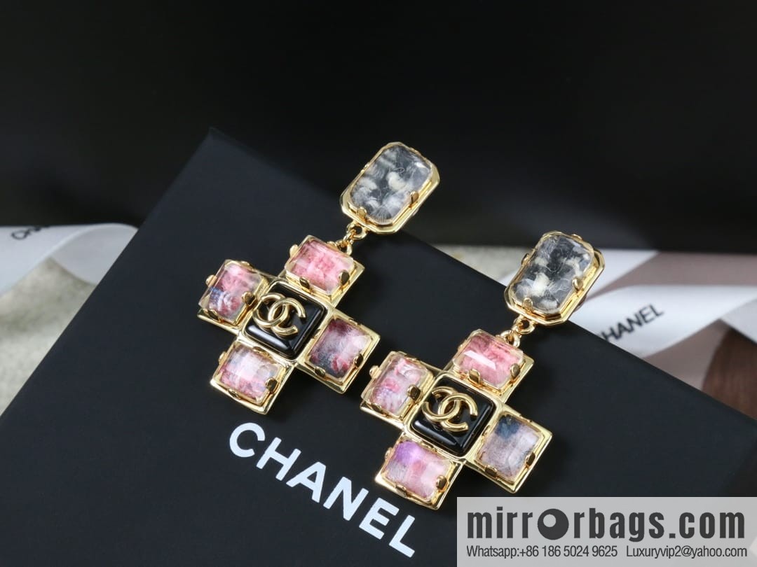 New ☑️ CHANEL Chanel c2 double c pink diamond cross earrings