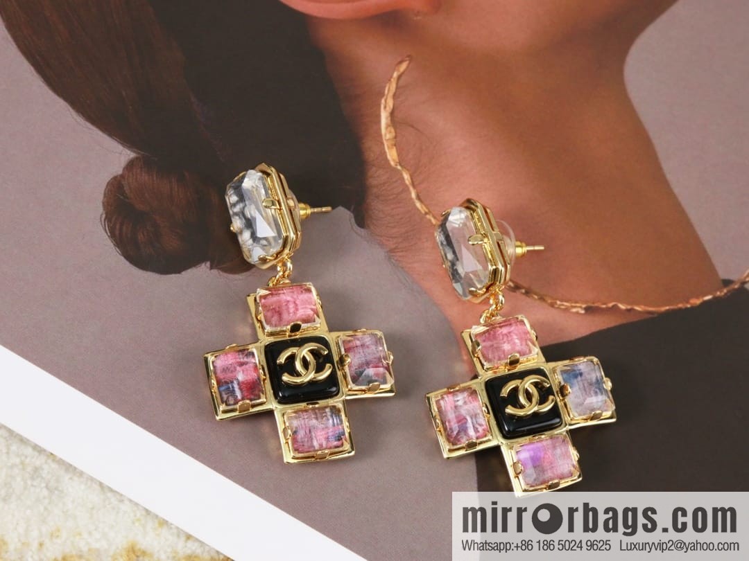 New ☑️ CHANEL Chanel c2 double c pink diamond cross earrings