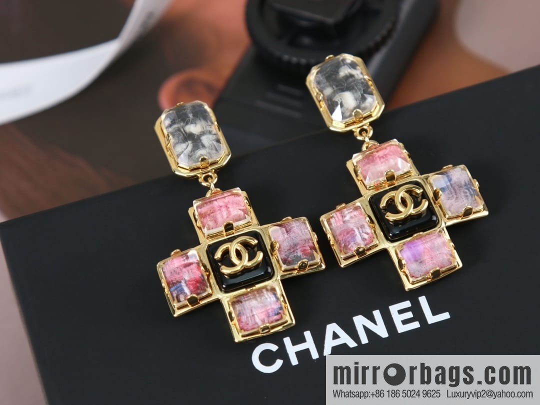 New ☑️ CHANEL Chanel c2 double c pink diamond cross earrings