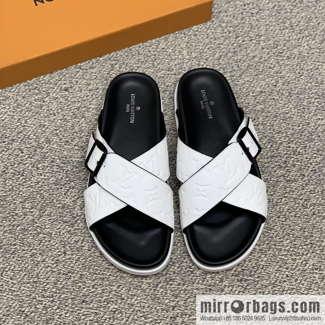 LV/Louis Vuitton white printed men's sandals with black outsoles