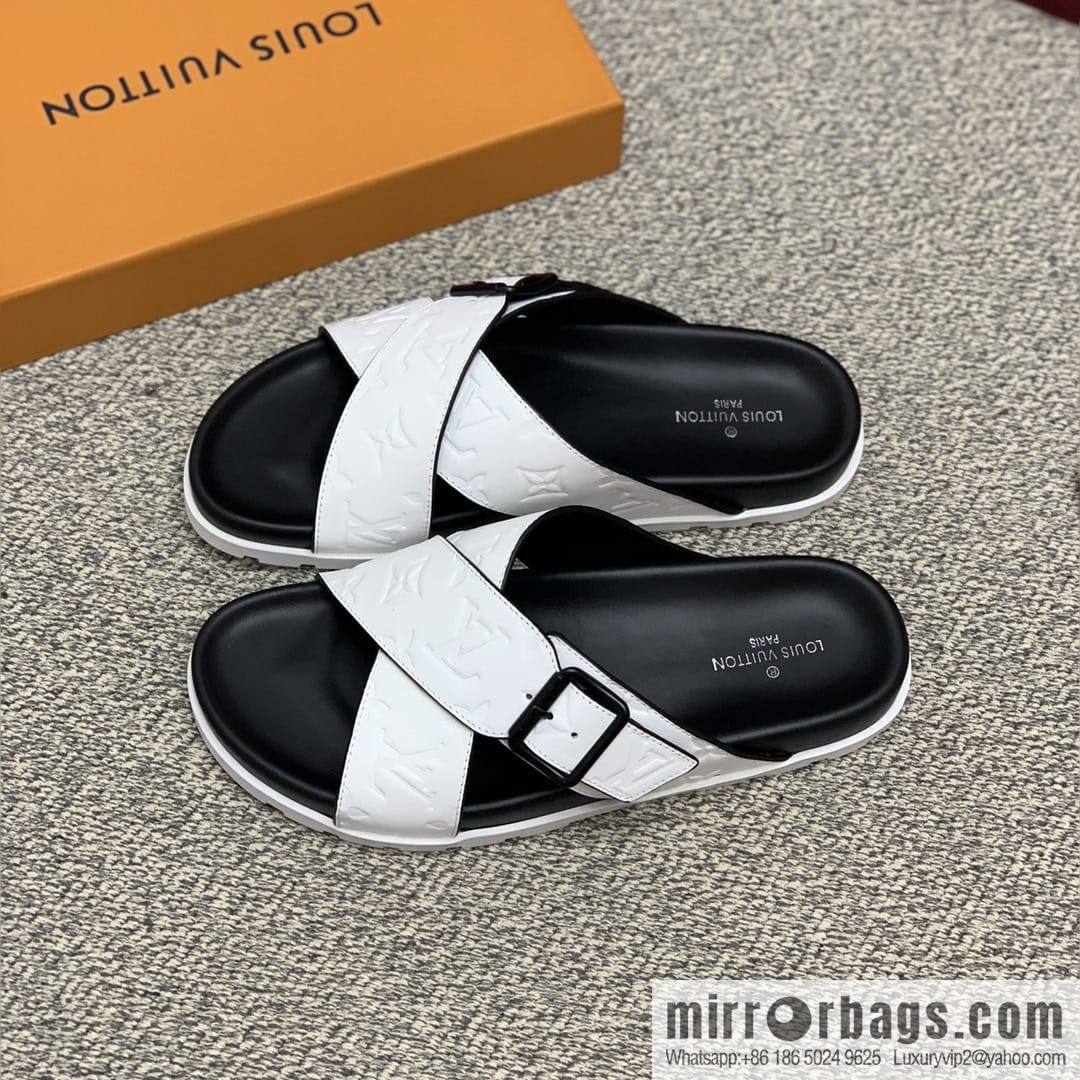 LV/Louis Vuitton white printed men's sandals with black outsoles