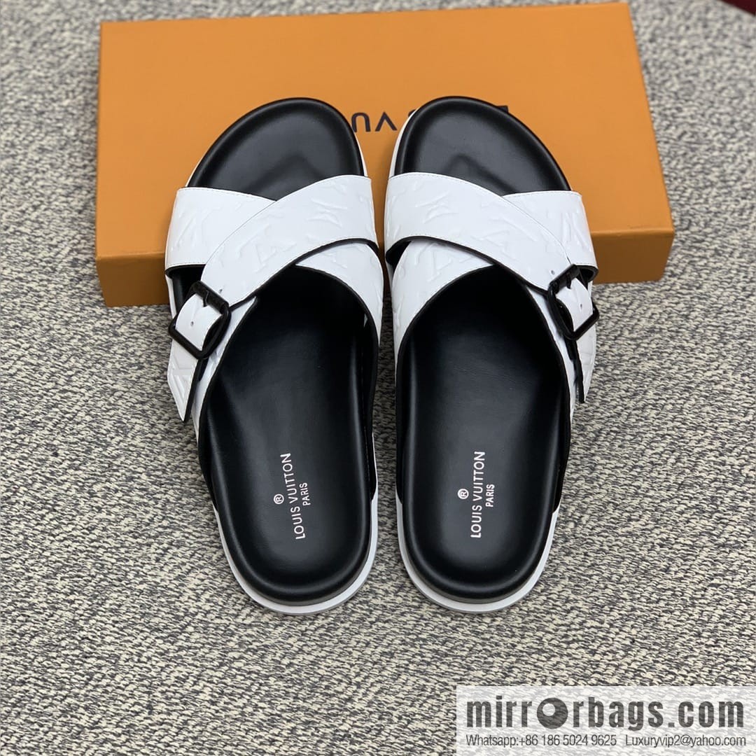 LV/Louis Vuitton white printed men's sandals with black outsoles