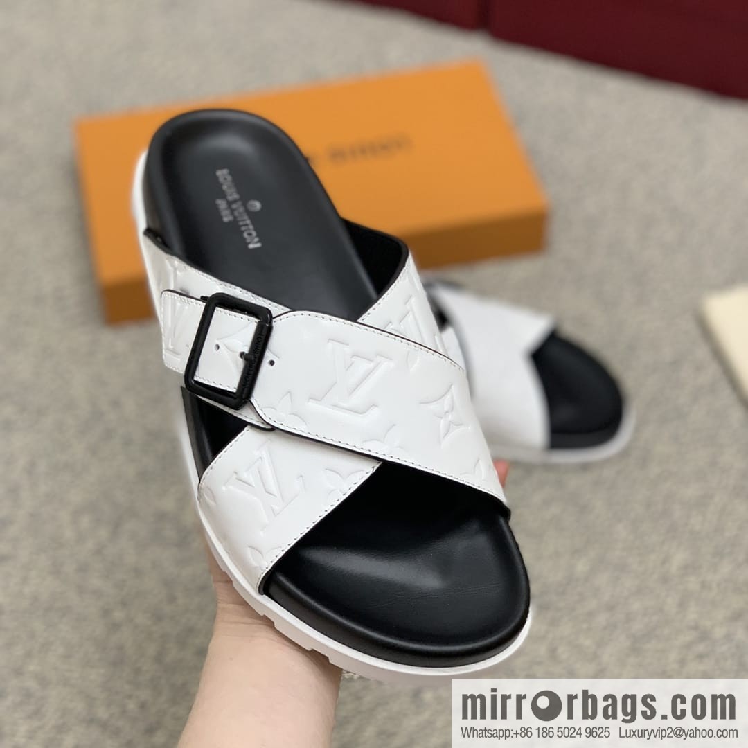 LV/Louis Vuitton white printed men's sandals with black outsoles