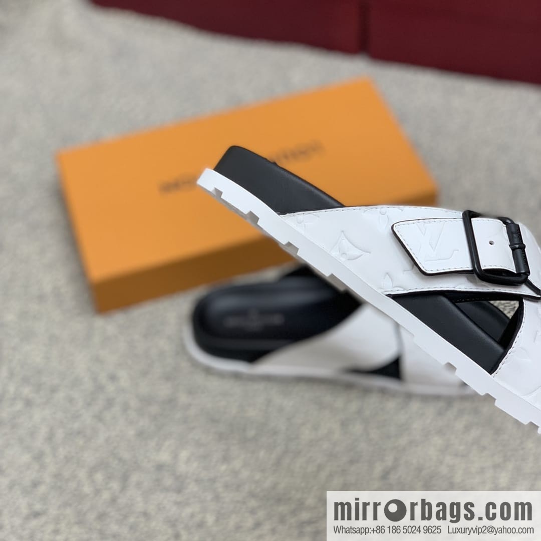 LV/Louis Vuitton white printed men's sandals with black outsoles