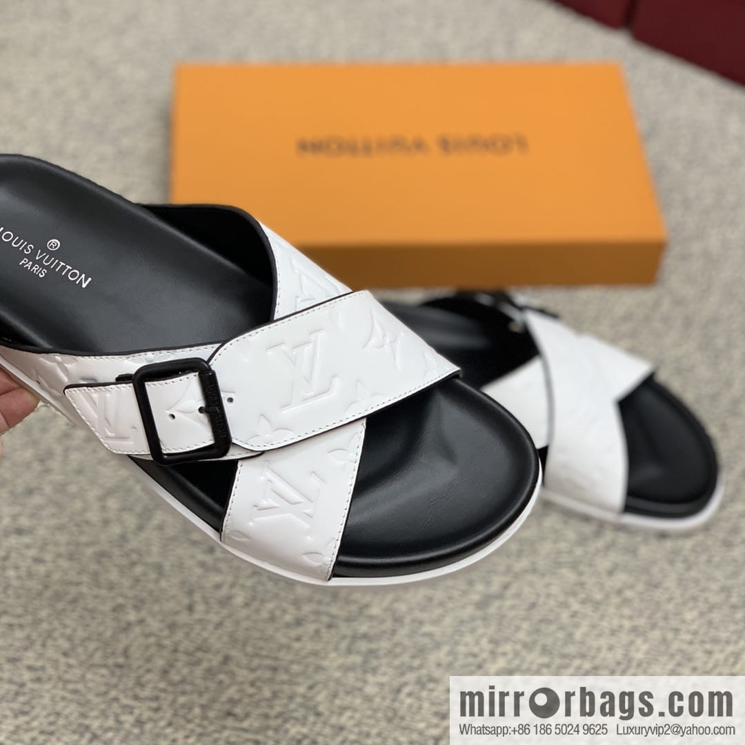 LV/Louis Vuitton white printed men's sandals with black outsoles