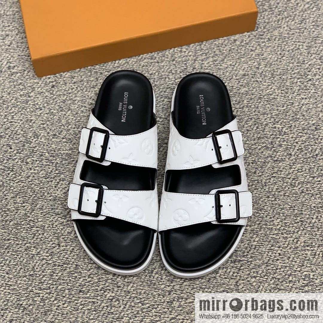 LV/Louis Vuitton white printed men's sandals with black outsoles