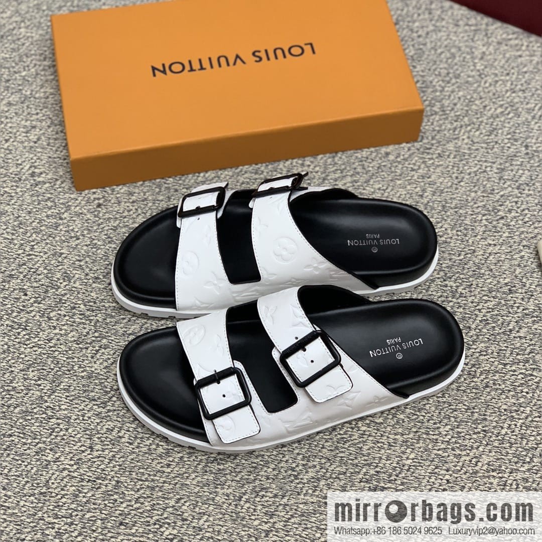 LV/Louis Vuitton white printed men's sandals with black outsoles