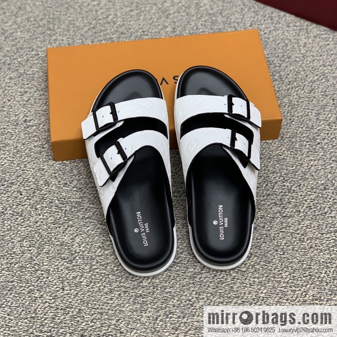 LV/Louis Vuitton white printed men's sandals with black outsoles