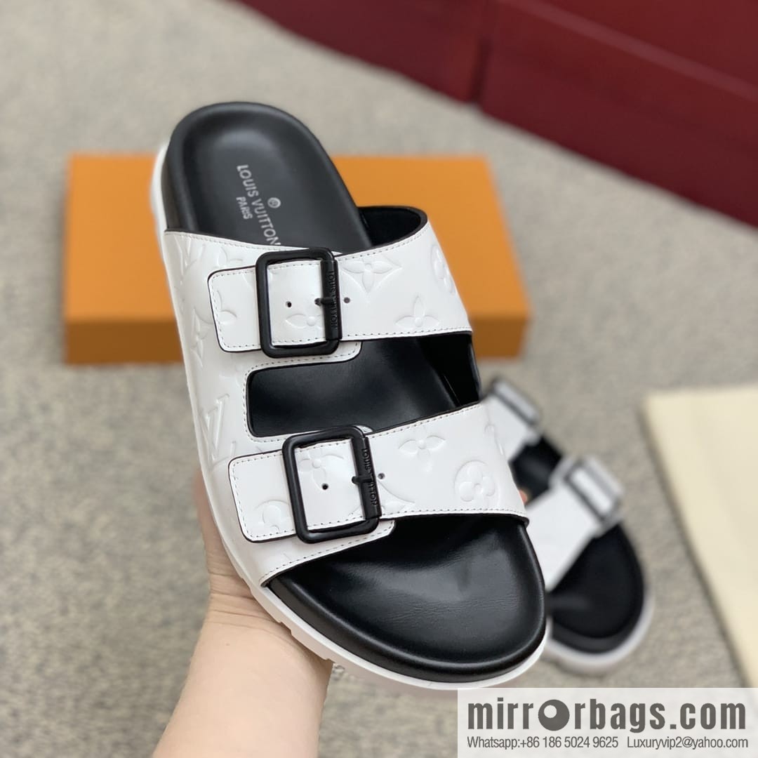 LV/Louis Vuitton white printed men's sandals with black outsoles