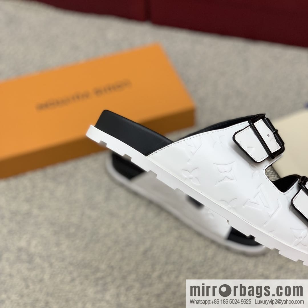 LV/Louis Vuitton white printed men's sandals with black outsoles