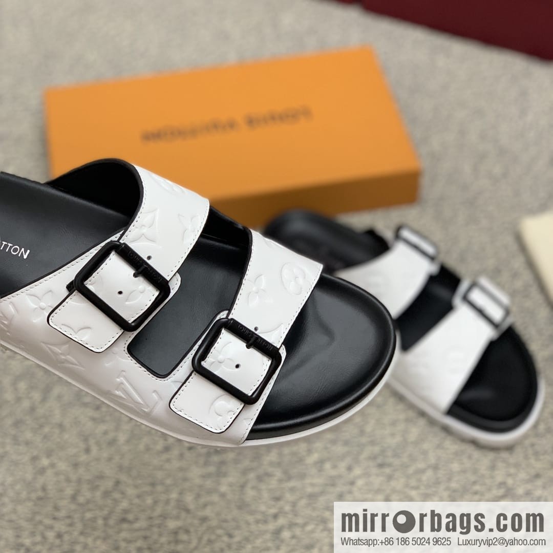 LV/Louis Vuitton white printed men's sandals with black outsoles