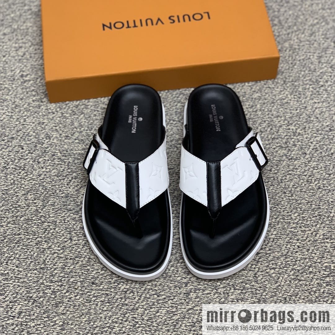 LV/Louis Vuitton white printed men's sandals with black outsoles