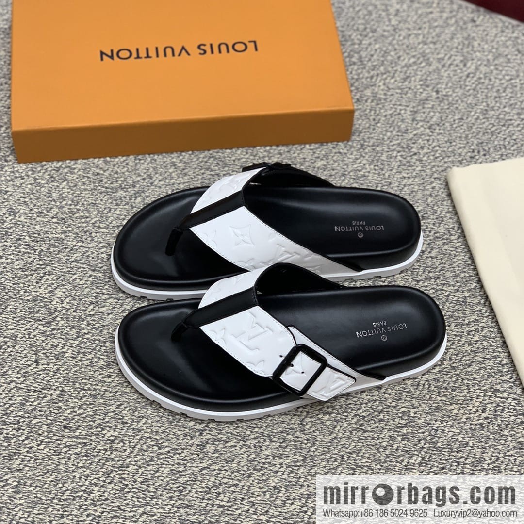 LV/Louis Vuitton white printed men's sandals with black outsoles