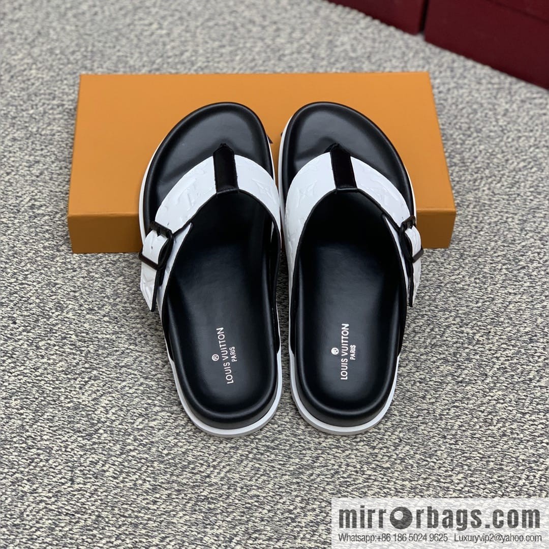 LV/Louis Vuitton white printed men's sandals with black outsoles