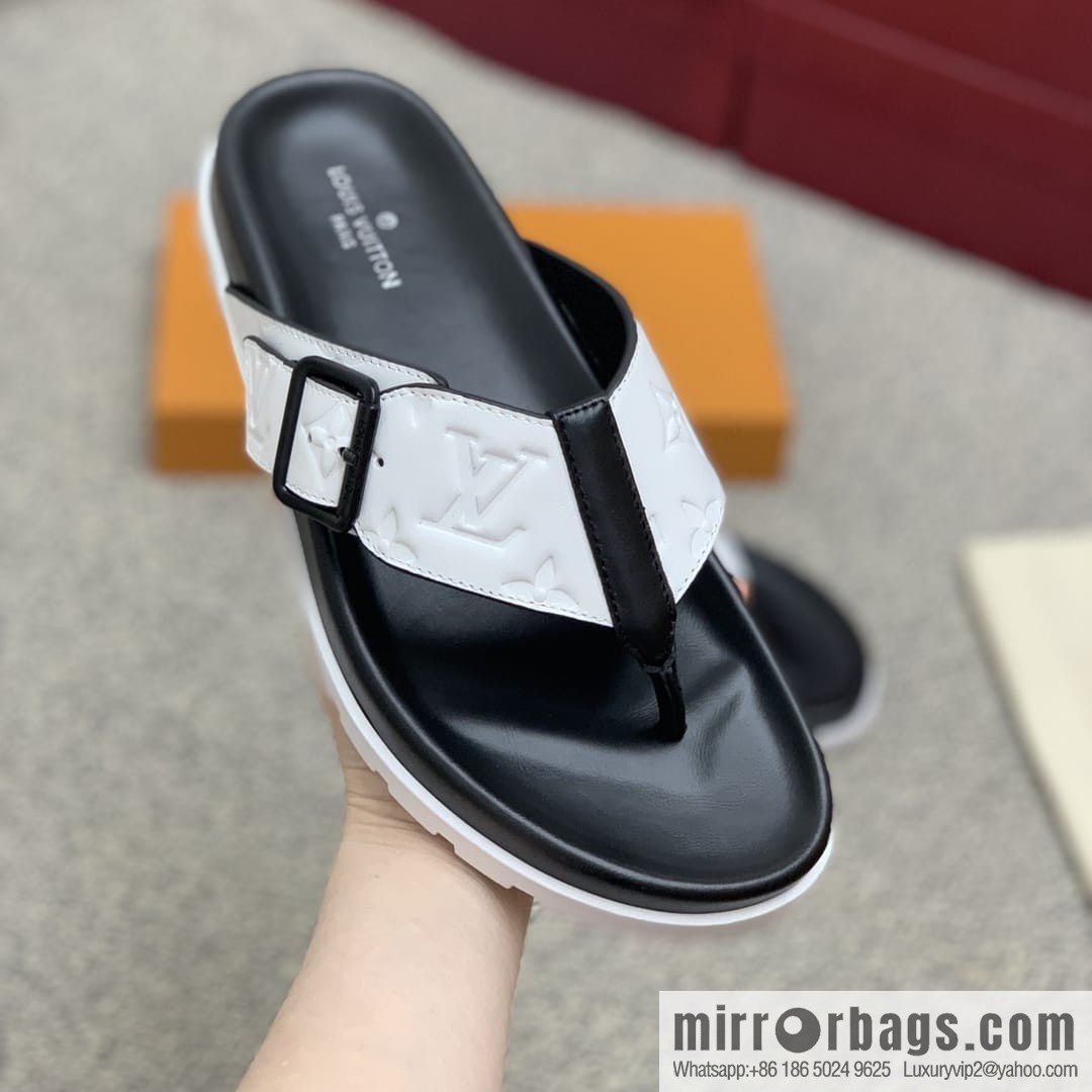 LV/Louis Vuitton white printed men's sandals with black outsoles