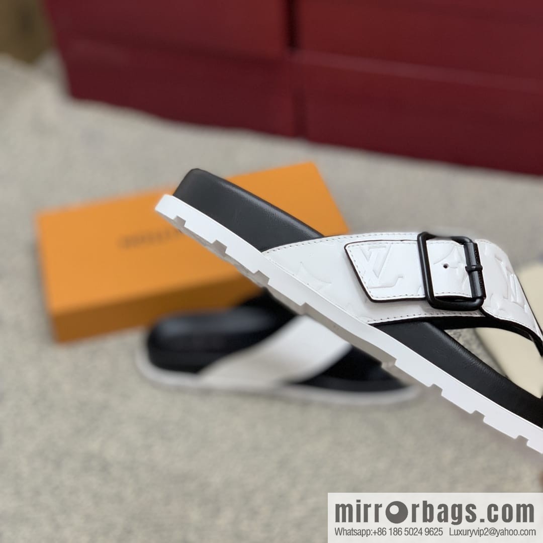 LV/Louis Vuitton white printed men's sandals with black outsoles