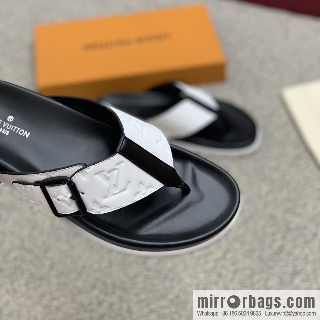 LV/Louis Vuitton white printed men's sandals with black outsoles