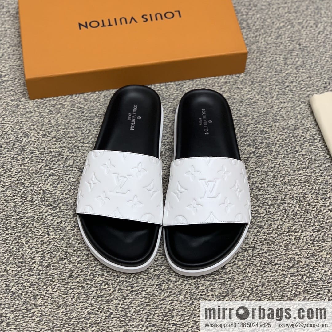 LV/Louis Vuitton white printed men's sandals with black outsoles
