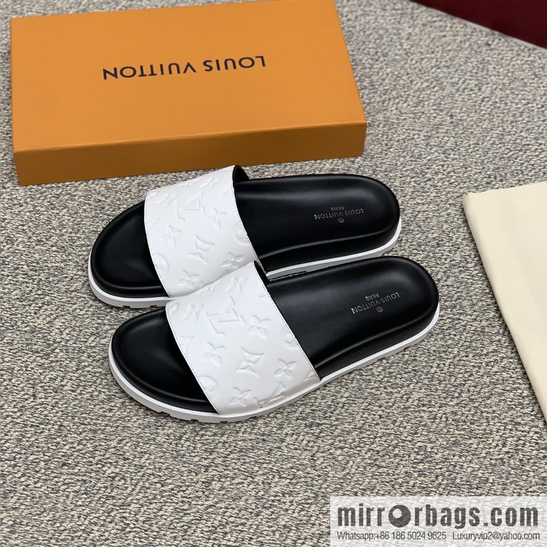 LV/Louis Vuitton white printed men's sandals with black outsoles