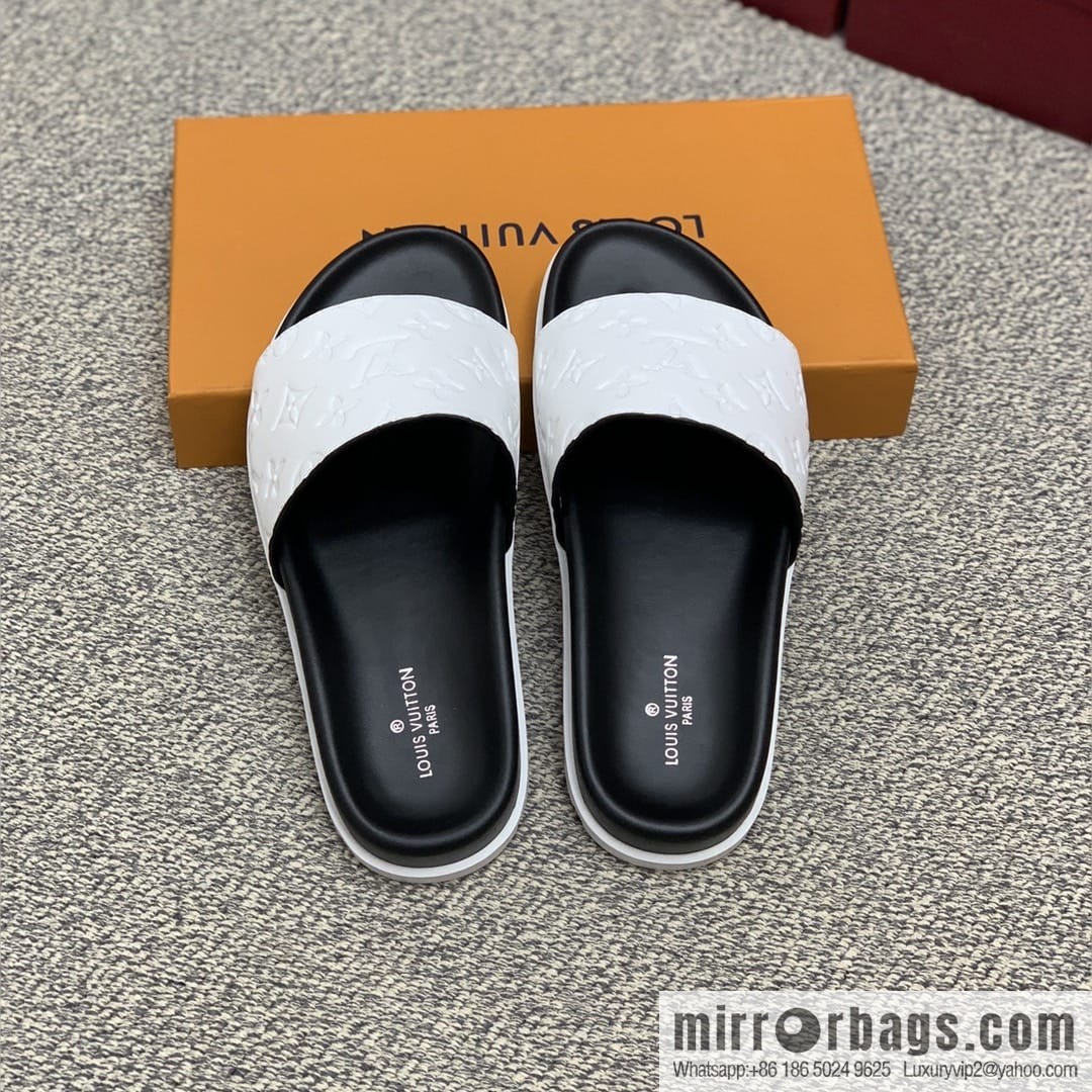 LV/Louis Vuitton white printed men's sandals with black outsoles