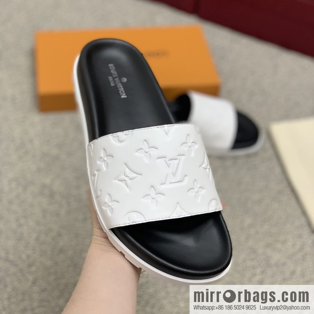 LV/Louis Vuitton white printed men's sandals with black outsoles
